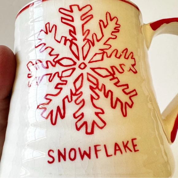 Molly Hatch Anthropologie Snowflake Coffee Mug Pottery Cream Red Winter Vibes - Picture 8 of 11